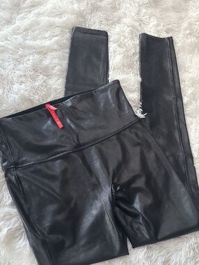 SPANX Black Faux Leather High-Waist Leggings with Red Tag
